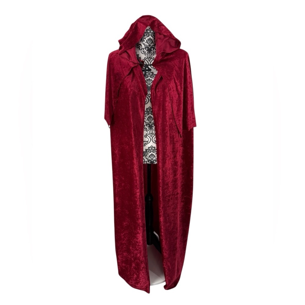 Red Crushed Velvet Hooded Cape Gothic Vampire Halloween Costume Full Length